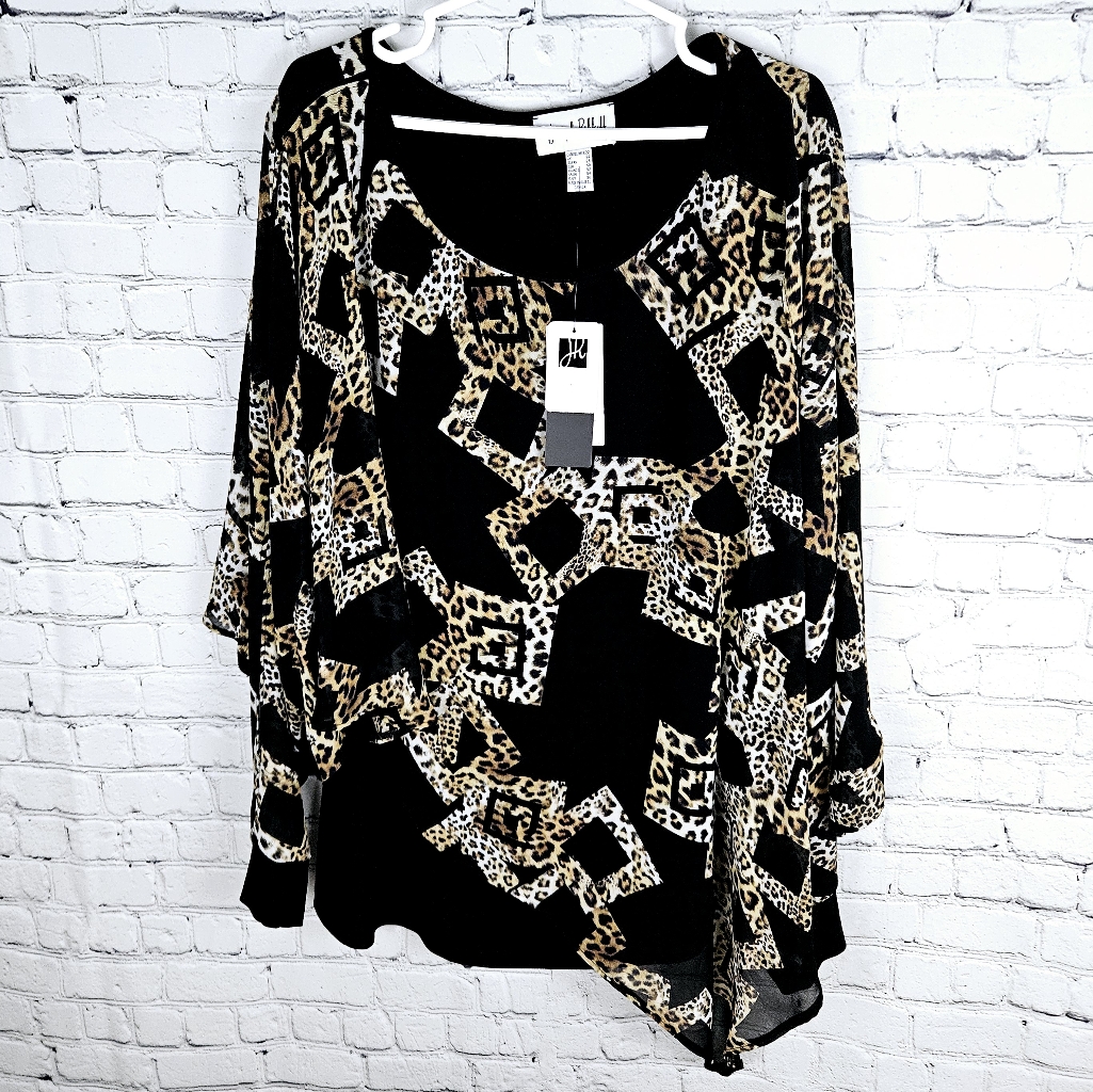 Joseph Ribkoff | Gold Leopard Animal Print Sheer Asymmetrical Flowy Blouse